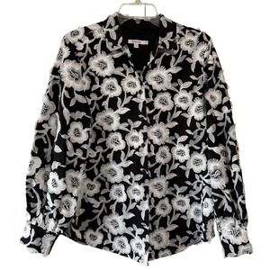 Chico's Black White Embroidered Floral Blouse Textured Button Front Top Sz  10